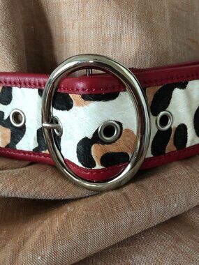 Cream Cow Print Red Leather Belt